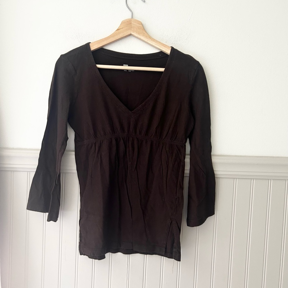 GAP XS Dark Chocolate Brown V-Neck 100% Cotton 3/4 Sleeve Top